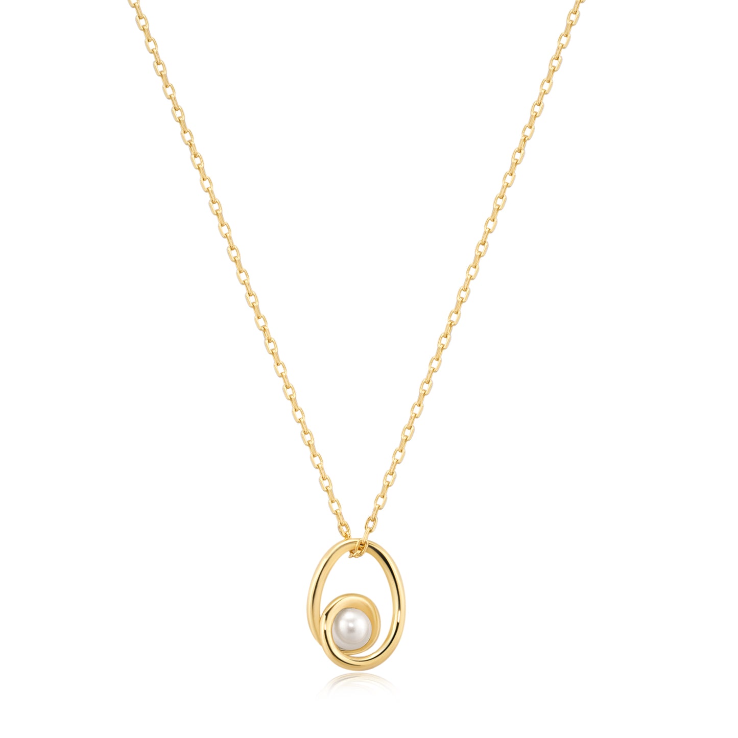 Gold necklace with a pearl pendant on a white background