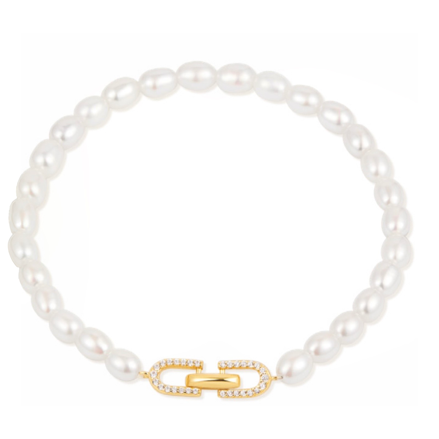 Pearl bracelet with a gold clasp on a white background