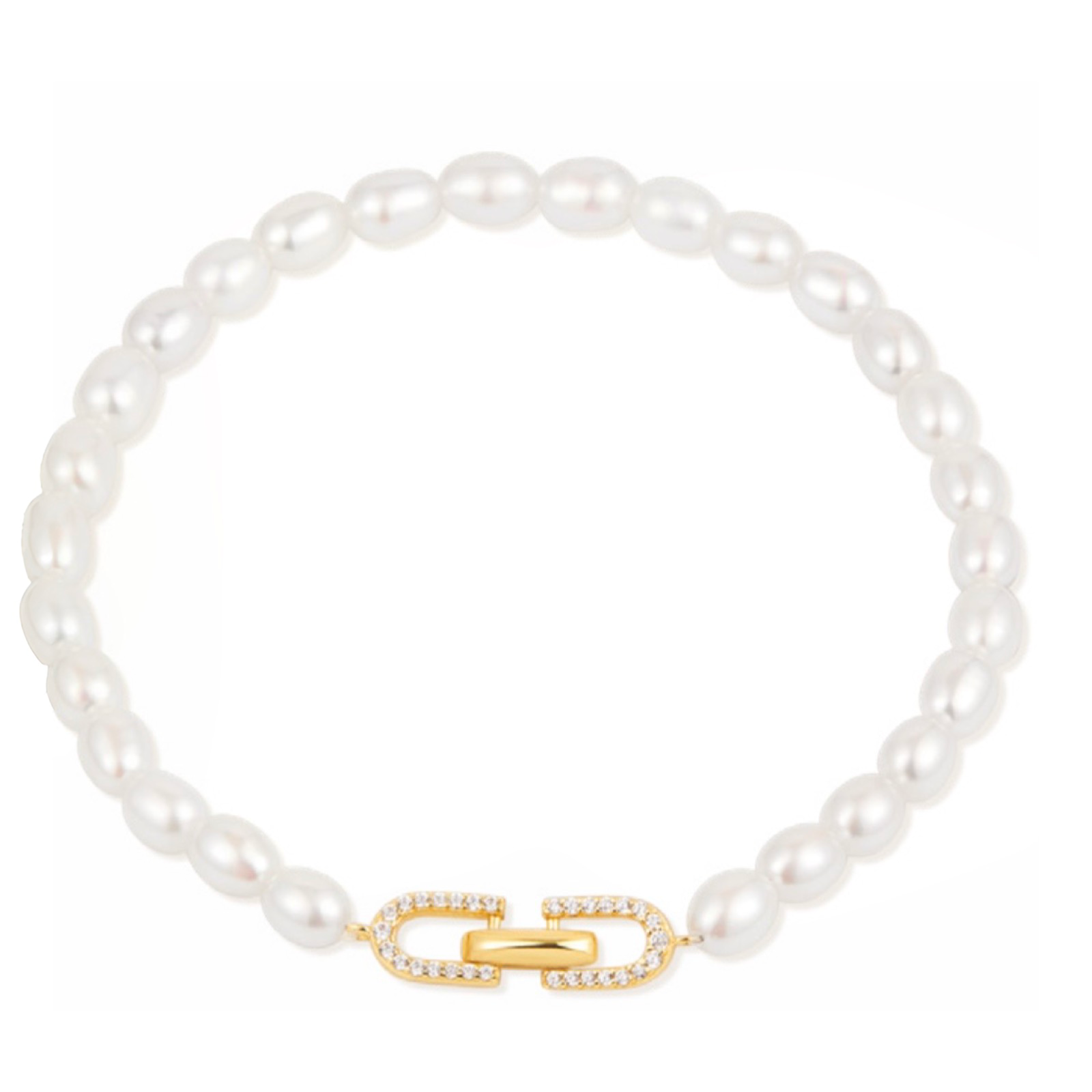 Pearl bracelet with a gold clasp on a white background