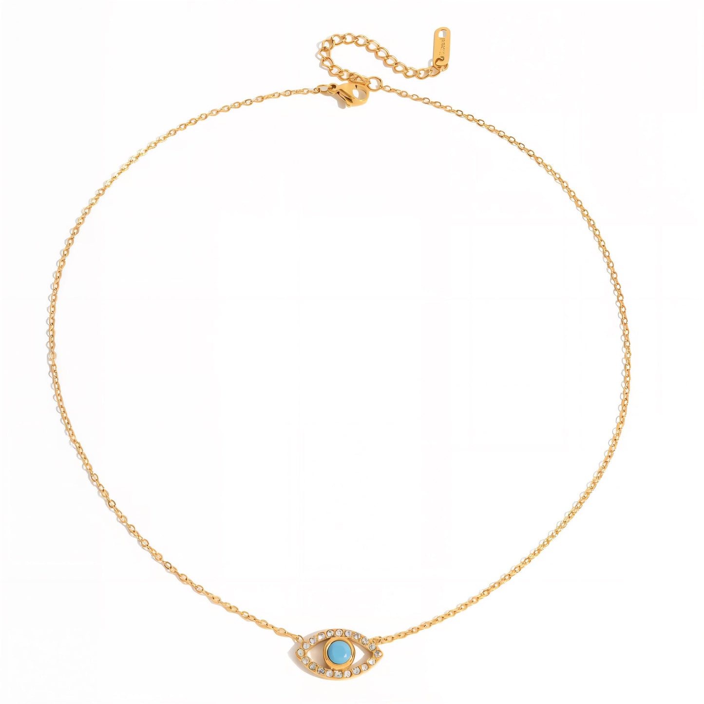 Gold necklace with a blue gemstone pendant on a white background