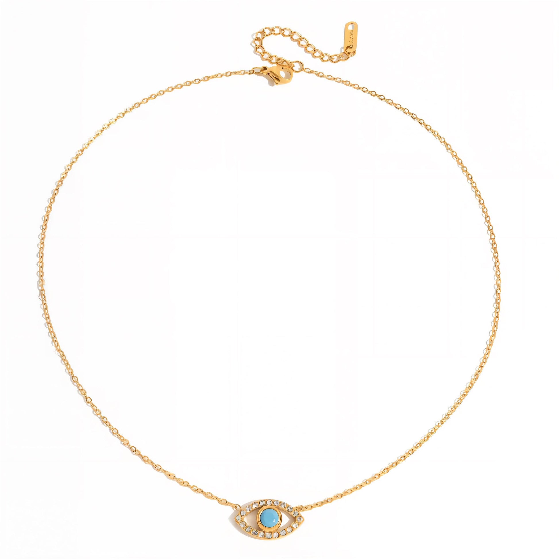 Gold necklace with a blue gemstone pendant on a white background