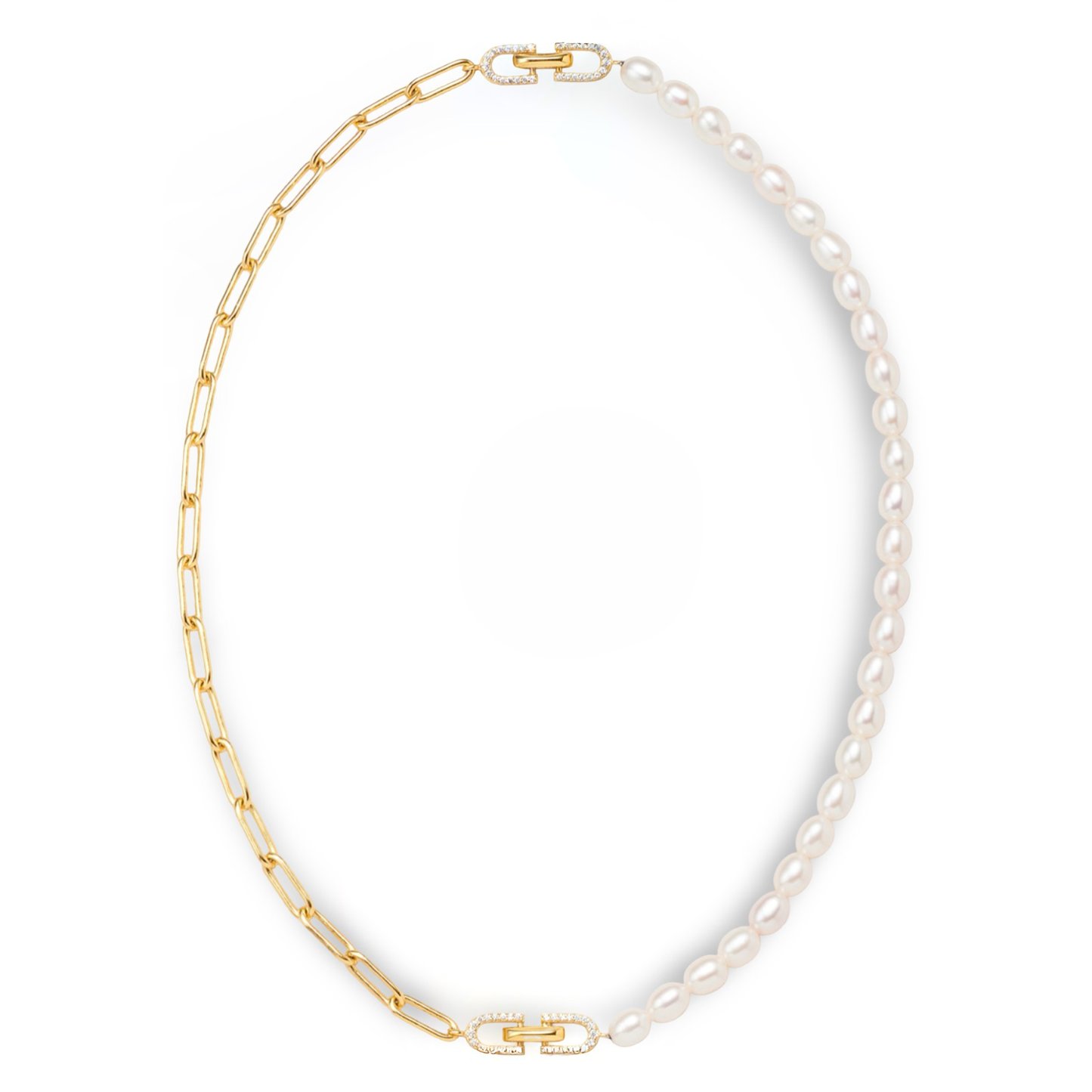 Gold chain necklace with white pearls on a white background